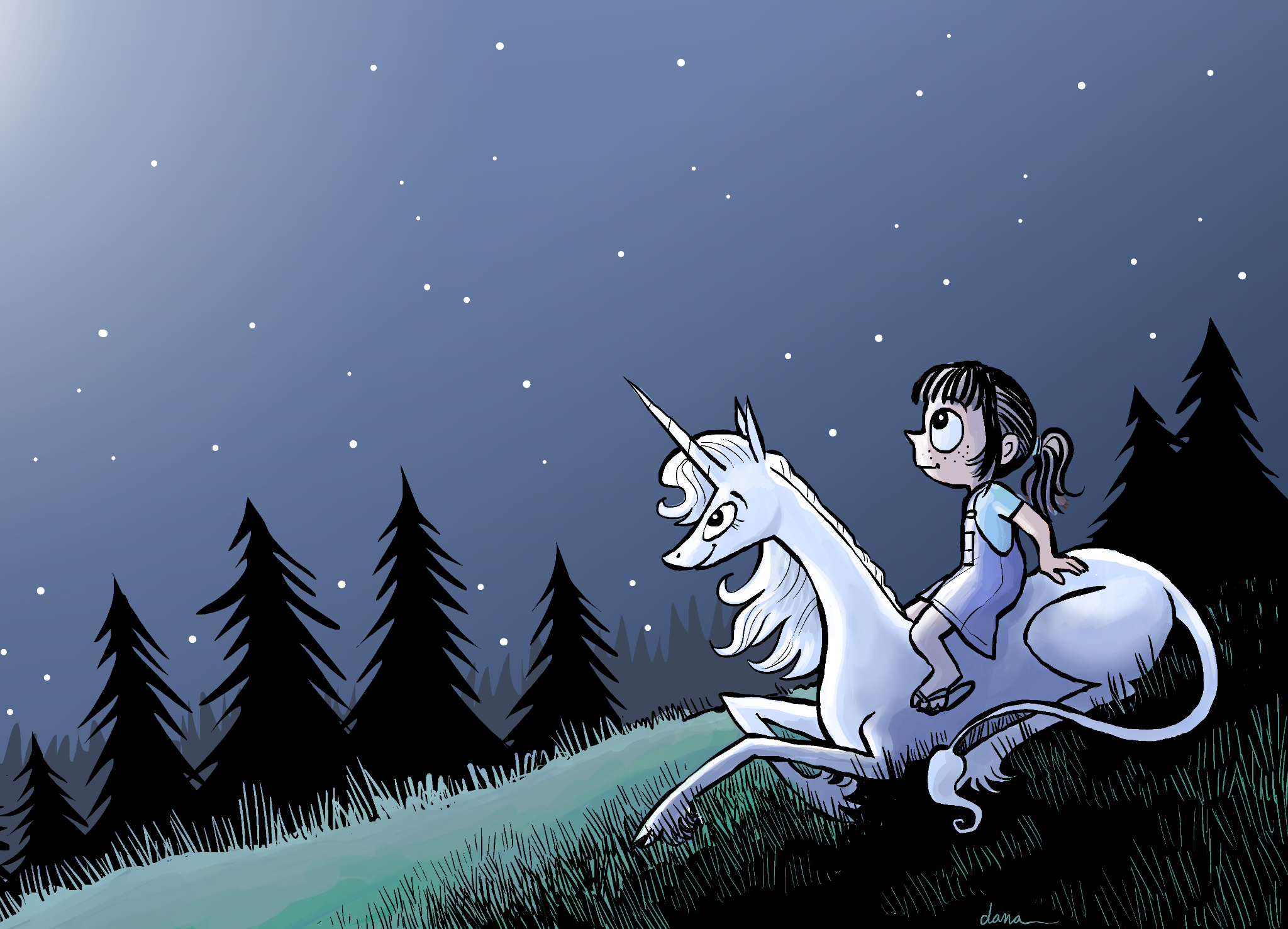 A girl sitting on the back of a unicorn, gazing at the night sky.