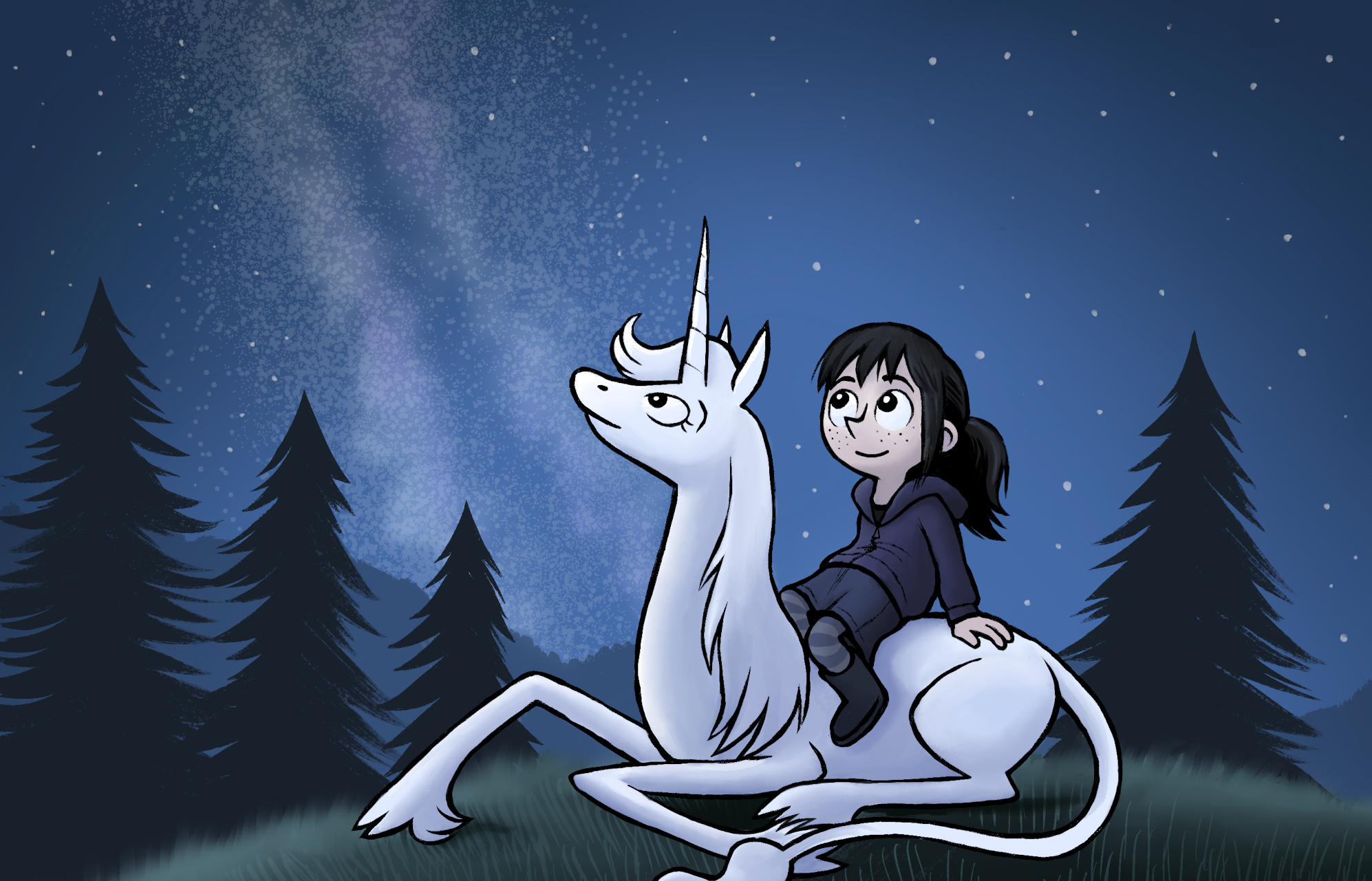 A girl sitting on the back of a unicorn, gazing at the night sky.